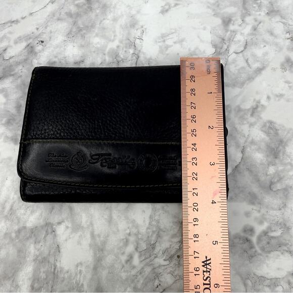 FOSSIL Black Genuine Leather Embossed Logo Trifold Wallet - Picture 14 of 15